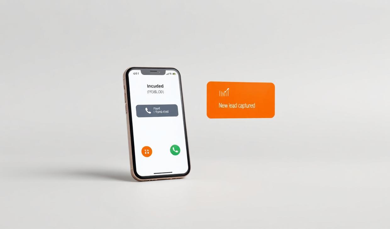 Phone showing a tracked incoming call and a new lead notification
